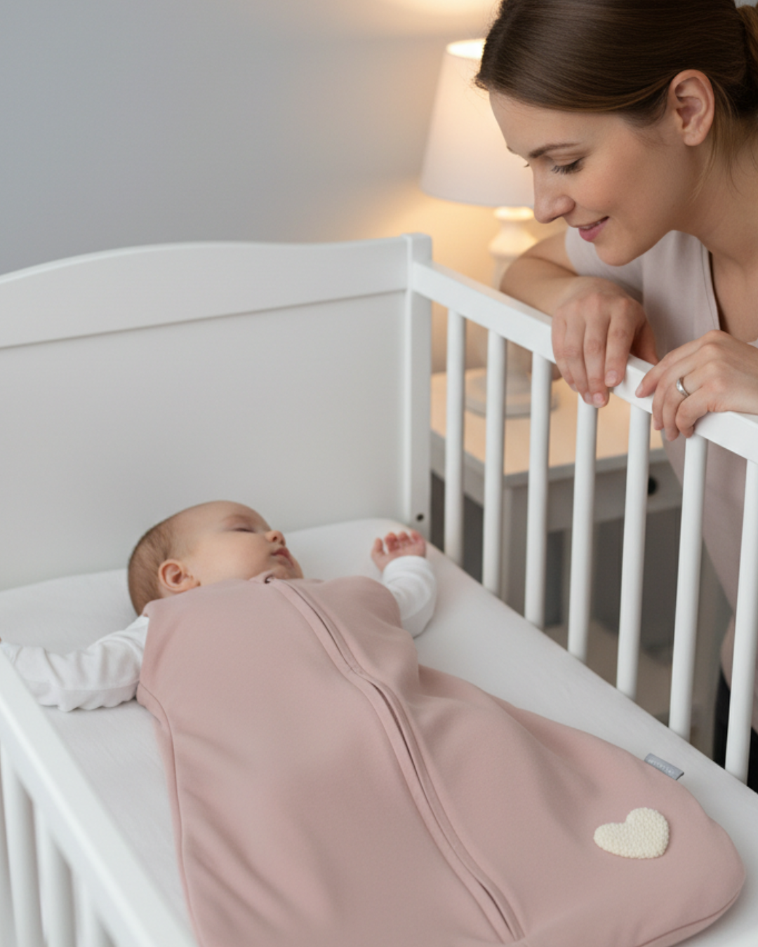 Niemowlę śpiące na plecach w śpiworku Piapimo, mama przy łóżeczku