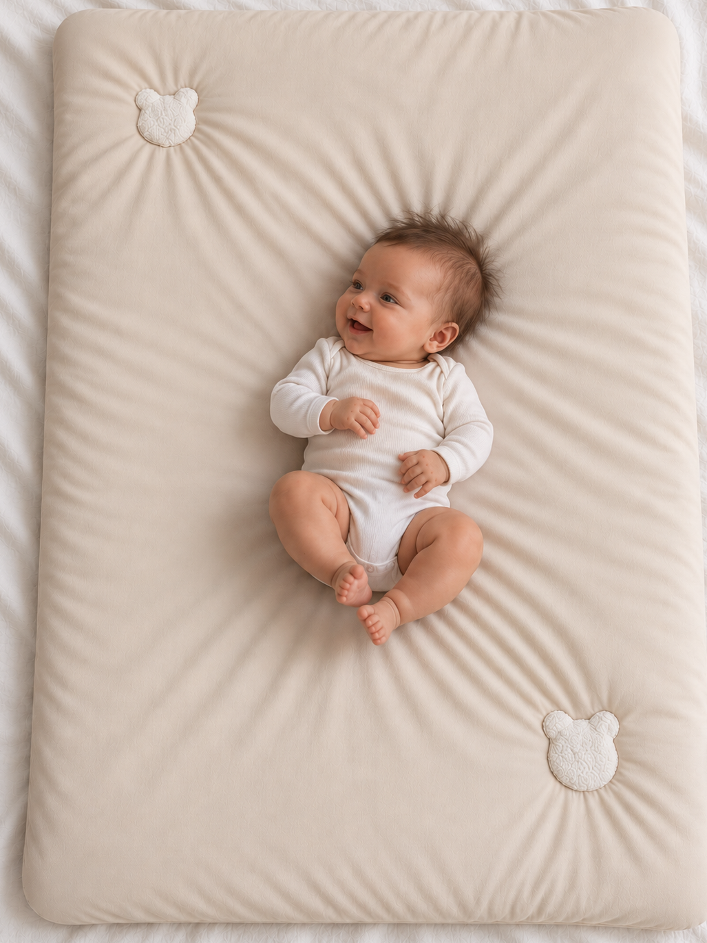 Kołderka do łóżeczka 70x100 Premium Soft w kolorze beż z misiem z bouclé, z bawełny jersey – Piapimo