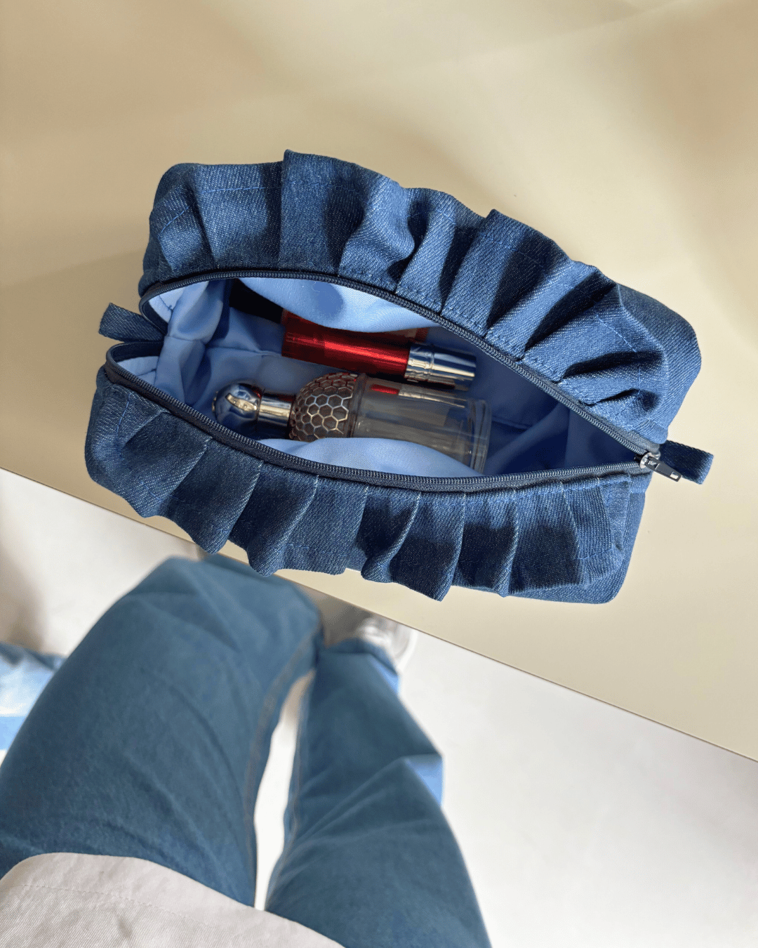 Piapimo Denim Ruffle Cosmetic Bag